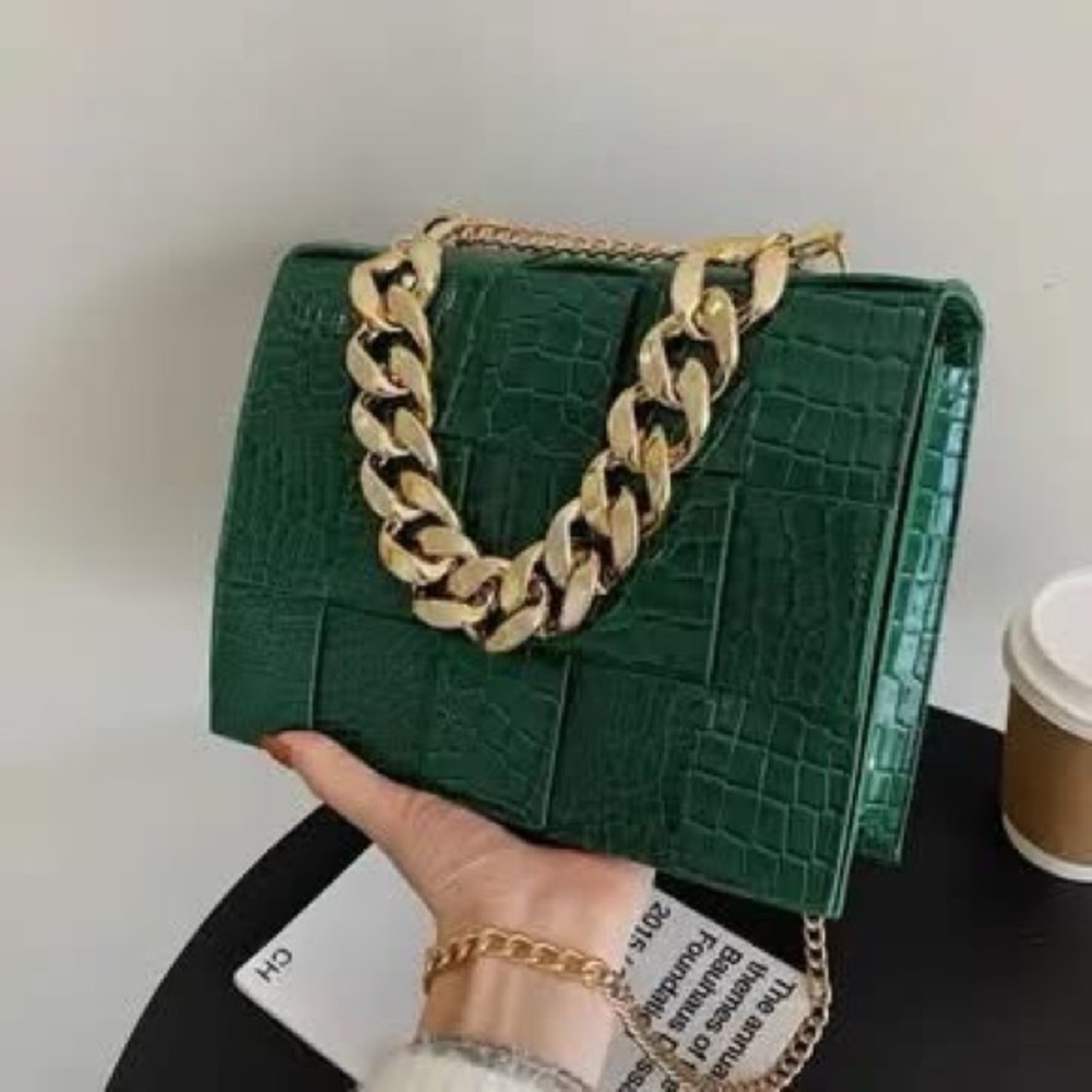 Green Croc-Embossed Chain Shoulder Bag